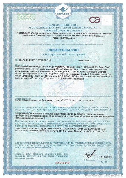 сертификат Ортомол Про Бэзик Плюс